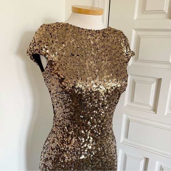 Dress The Population Ombré Gold Silver Sequin Dress Cap Sleeve Low Back Medium - Picture 2 of 12